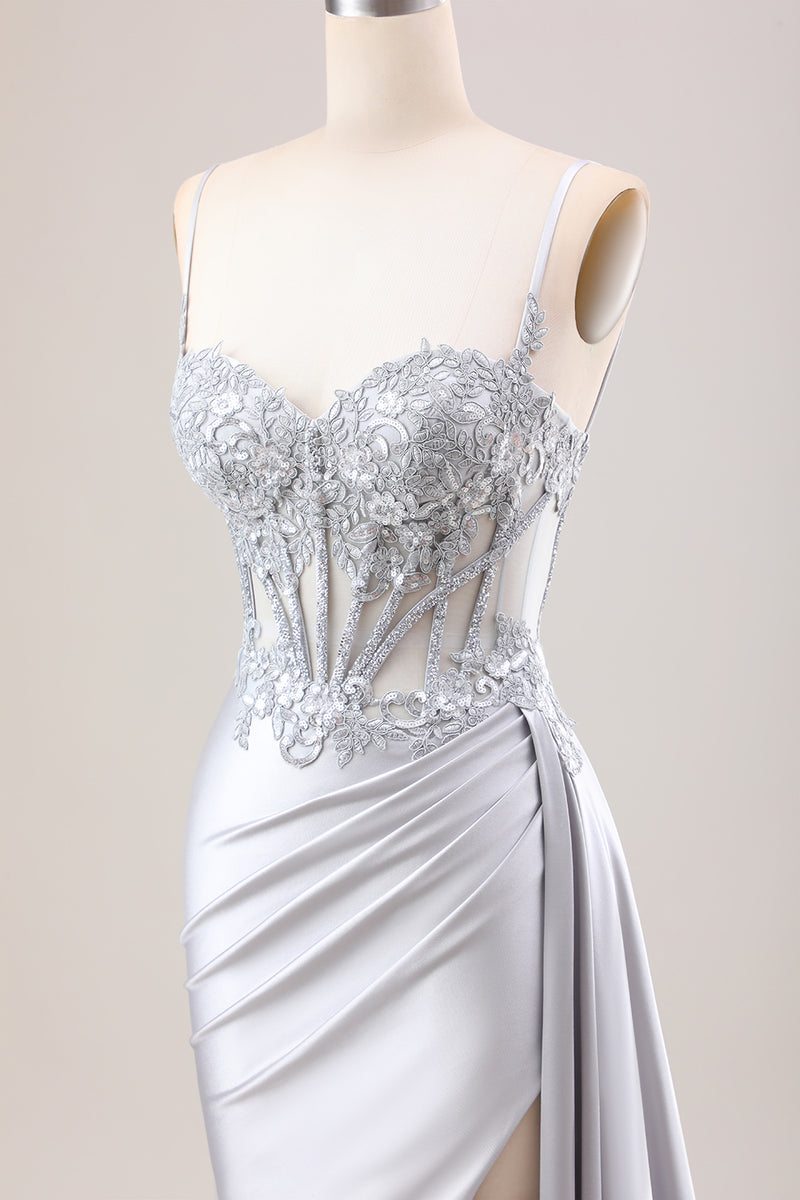 Load image into Gallery viewer, Glitter Mermaid Silver Long Corset Formal Dress with Slit