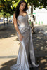 Load image into Gallery viewer, Silver Corset Spaghetti Straps Mermaid Ruched Formal Dress With Slit