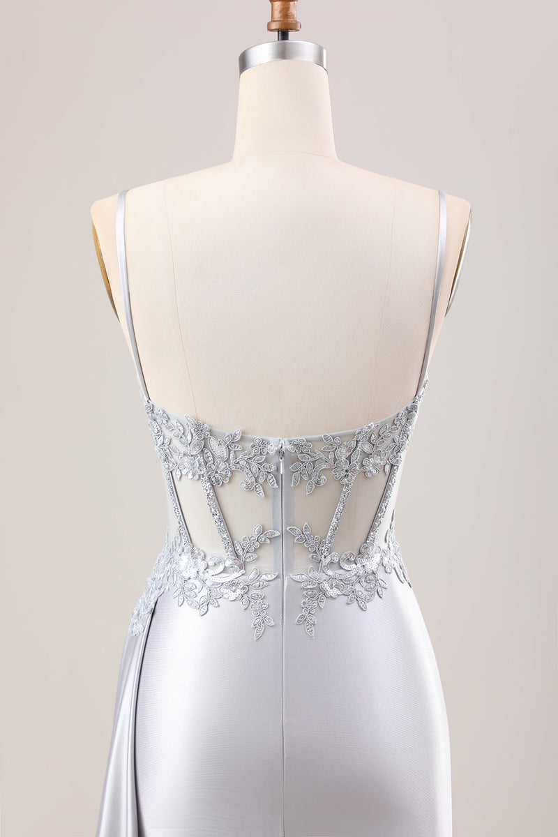 Load image into Gallery viewer, Glitter Mermaid Silver Long Corset Formal Dress with Slit