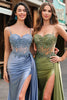 Load image into Gallery viewer, Sparkly Sage Corset Spaghetti Straps Mermaid Long Formal Dress with Slit