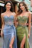 Load image into Gallery viewer, Sparkly Sage Corset Spaghetti Straps Mermaid Long Formal Dress with Slit