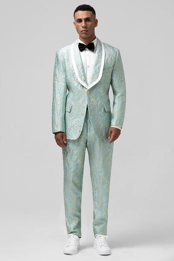 Mint Shawl Lapel 2 Piece Jacquard One Button Men's Prom Tuxedo