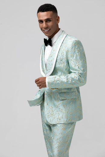 Mint Shawl Lapel 2 Piece Jacquard One Button Men's Prom Tuxedo