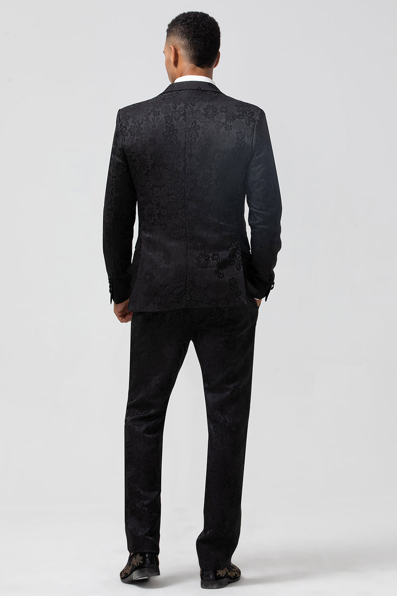 Load image into Gallery viewer, Black 3 Piece Peak Lapel Jacquard One Button Men&#39;s Formal Suits