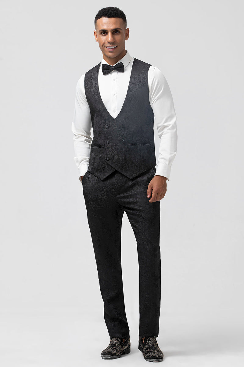 Load image into Gallery viewer, Black 3 Piece Peak Lapel Jacquard One Button Men&#39;s Formal Suits