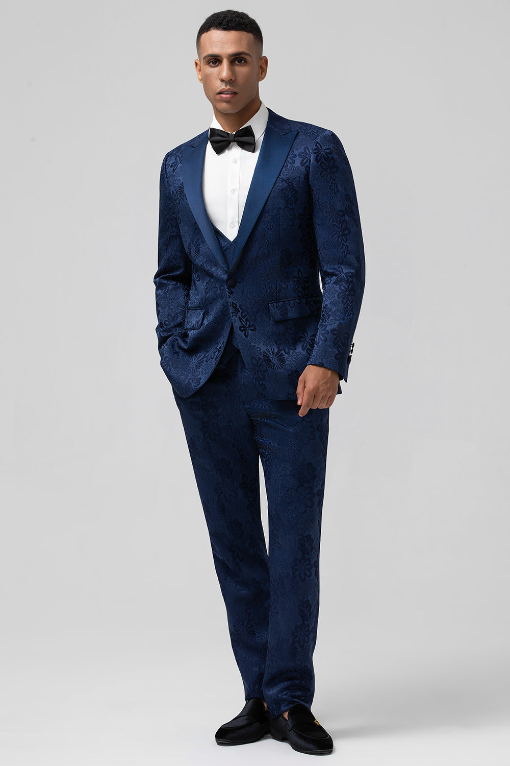 Dark Blue 3 Piece Peak Lapel Jacquard One Button Men's Prom Tuxedo