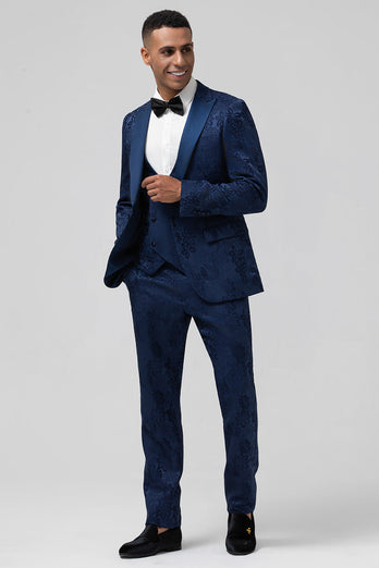 Dark Blue 3 Piece Peak Lapel Jacquard One Button Men's Prom Tuxedo