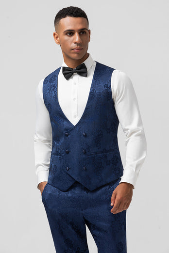 Dark Blue 3 Piece Peak Lapel Jacquard One Button Men's Prom Tuxedo