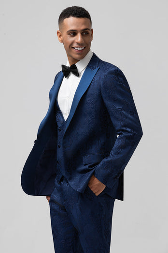 Dark Blue 3 Piece Peak Lapel Jacquard One Button Men's Prom Tuxedo