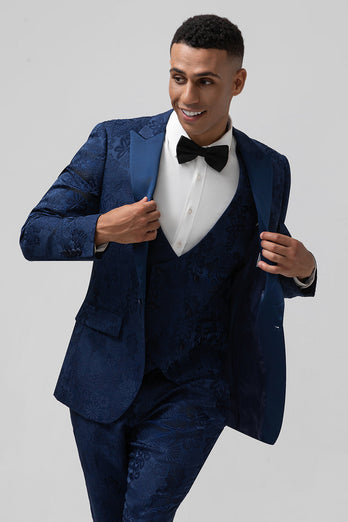 Dark Blue 3 Piece Peak Lapel Jacquard One Button Men's Prom Tuxedo