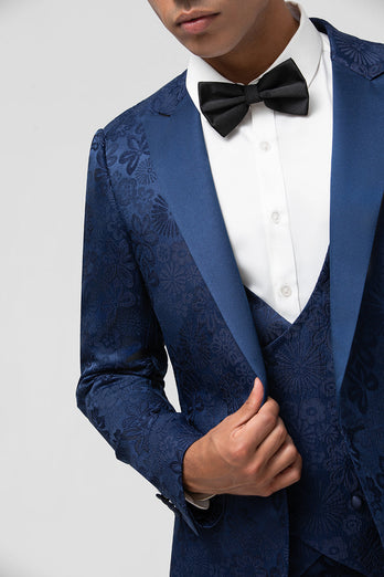 Dark Blue 3 Piece Peak Lapel Jacquard One Button Men's Prom Tuxedo