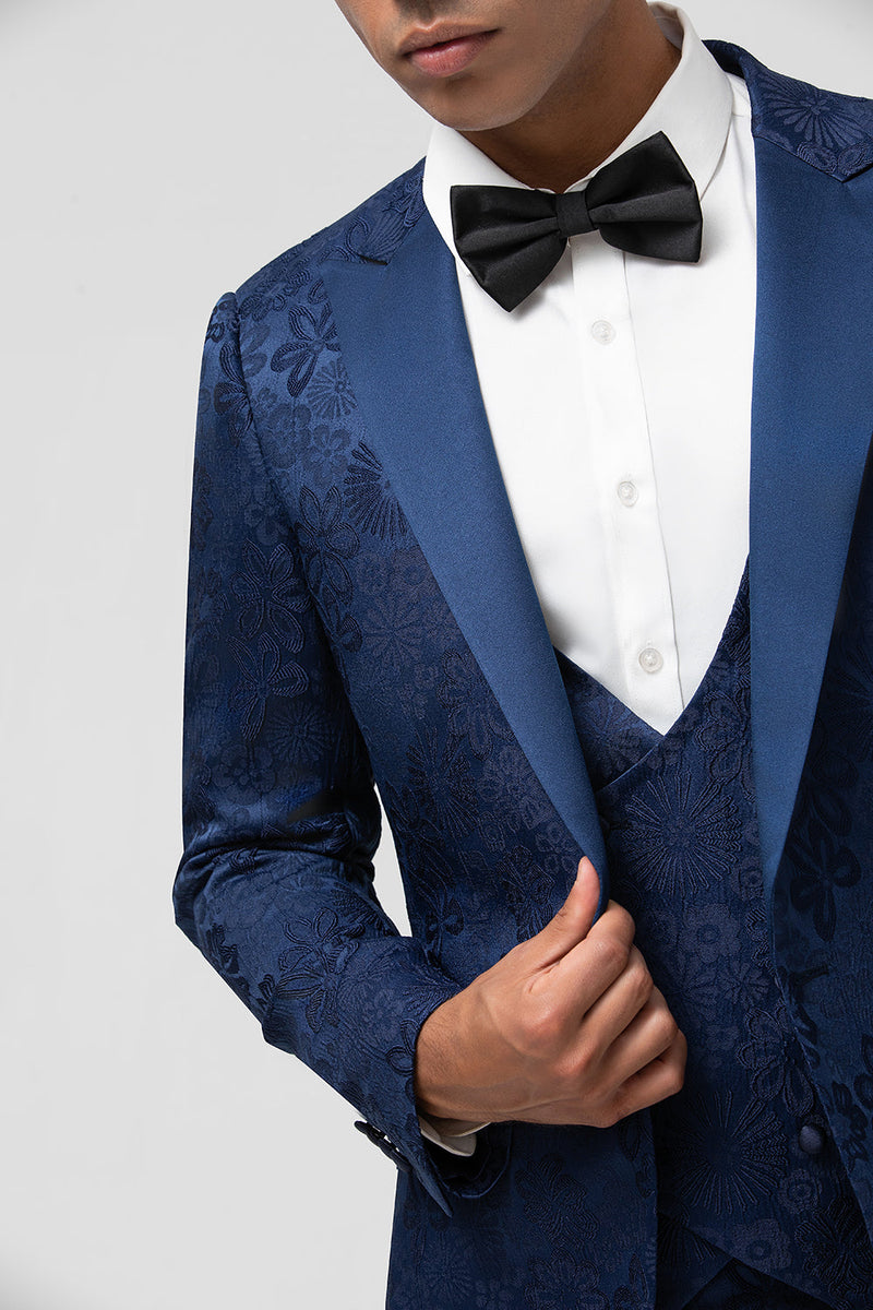 Load image into Gallery viewer, Dark Blue 3 Piece Peak Lapel Jacquard One Button Men&#39;s Prom Tuxedo