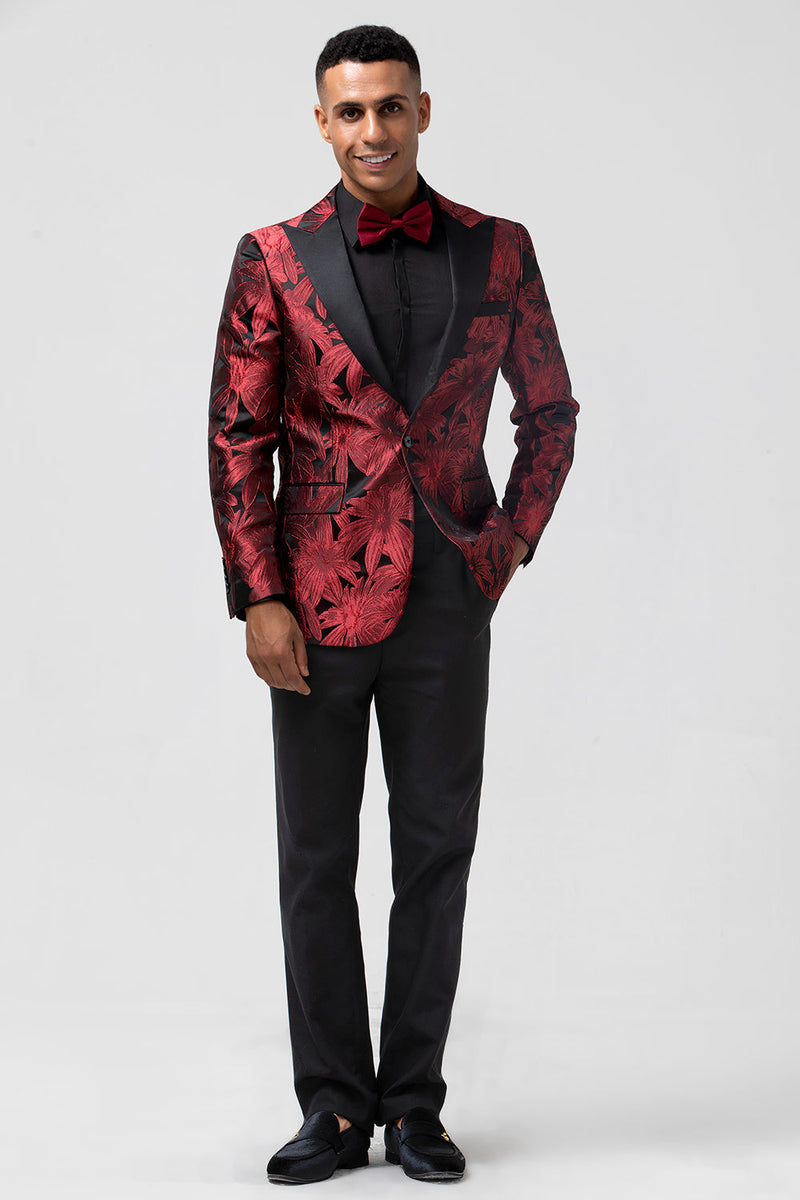 Load image into Gallery viewer, Peak Lapel Burgundy Jacquard One Button 2 Piece Men&#39;s Prom Tuxedo