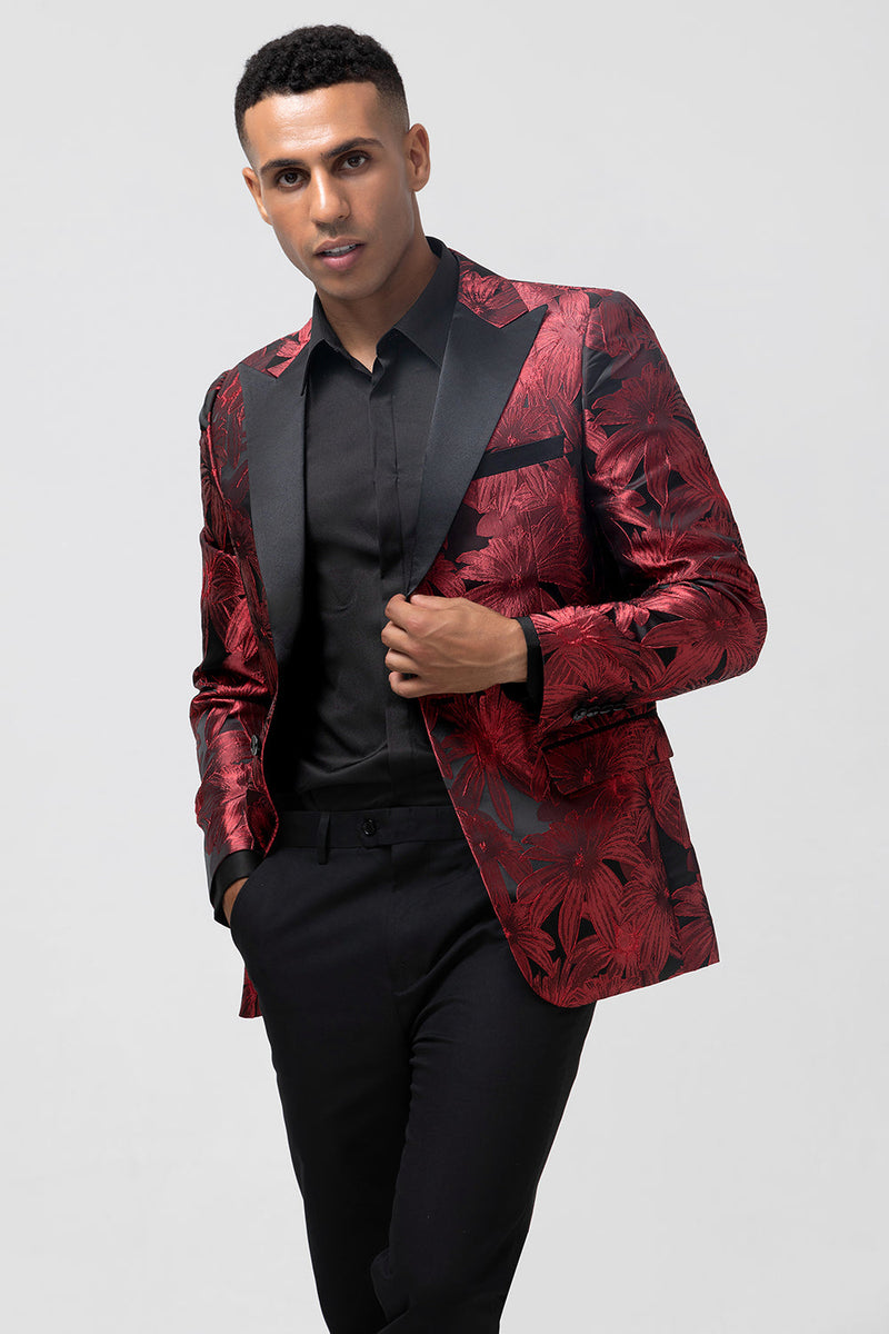 Load image into Gallery viewer, Peak Lapel Burgundy Jacquard One Button 2 Piece Men&#39;s Prom Tuxedo