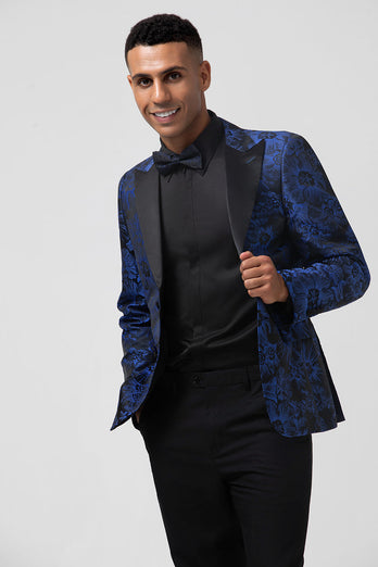 Royal Blue Peak Lapel Jacquard Men's Formal Blazer