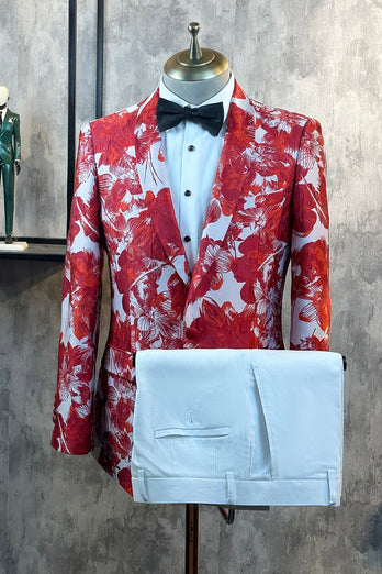 Red Floral Jacquard 2 Piece Men Prom Tuxedo