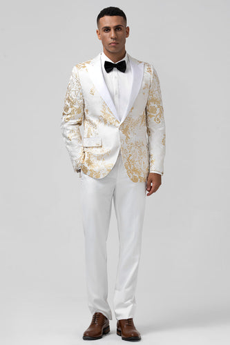 Champagne 2 Piece Peak Lapel One Button Jacquard Men's Prom Tuxedos