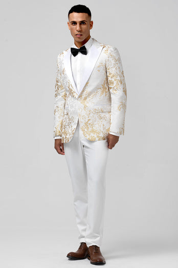 Champagne 2 Piece Peak Lapel One Button Jacquard Men's Prom Tuxedos