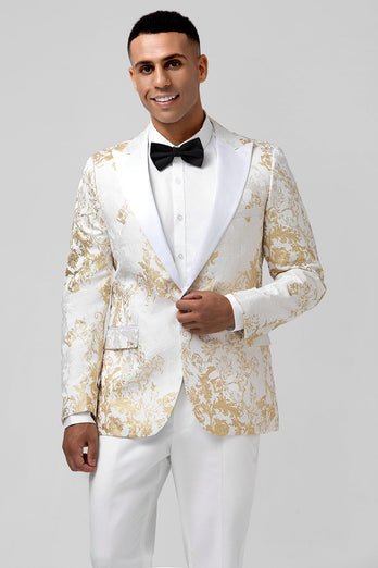 Champagne 2 Piece Peak Lapel One Button Jacquard Men's Prom Tuxedos