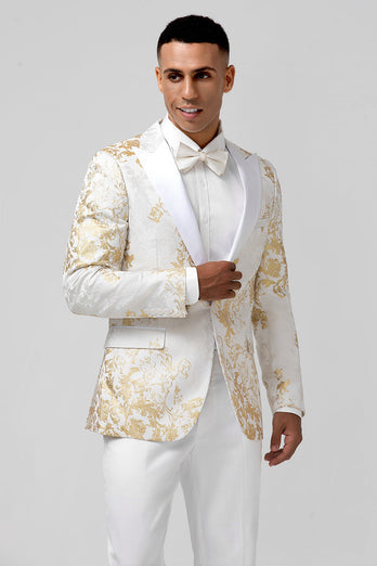 Champagne 2 Piece Peak Lapel One Button Jacquard Men's Prom Tuxedos