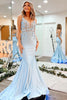 Load image into Gallery viewer, Mermaid Spaghetti Straps V Neck Light Blue Long Formal Dress with Appliques