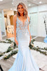 Load image into Gallery viewer, Mermaid Spaghetti Straps V Neck Light Blue Long Formal Dress with Appliques