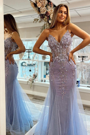 Mermaid Spaghetti Straps Lilac Corset Formal Dress with Beading