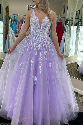 Spaghetti Straps A Line Lilac Sparkly Formal Dress with Appliques