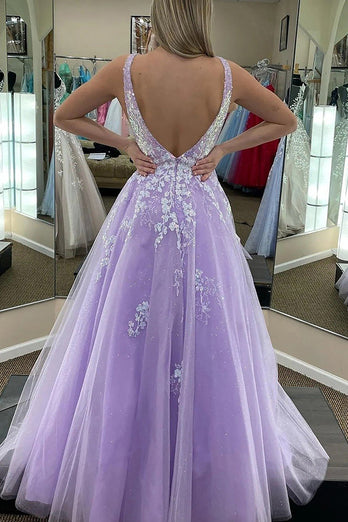 Spaghetti Straps A Line Lilac Sparkly Formal Dress with Appliques