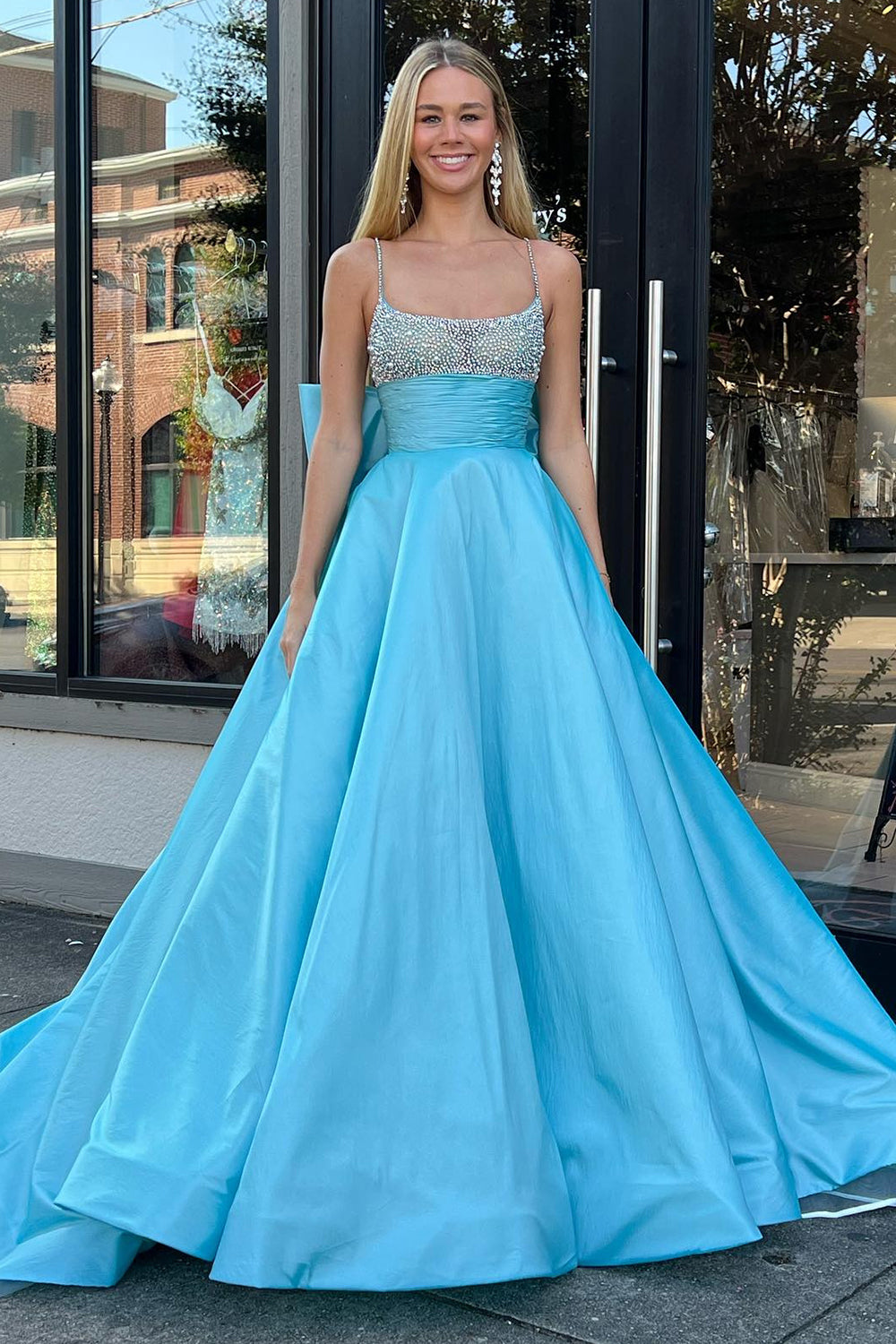 A Line Blue Beaded Long Formal Dress With Bowknot