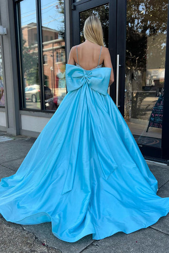 A Line Blue Beaded Long Formal Dress With Bowknot