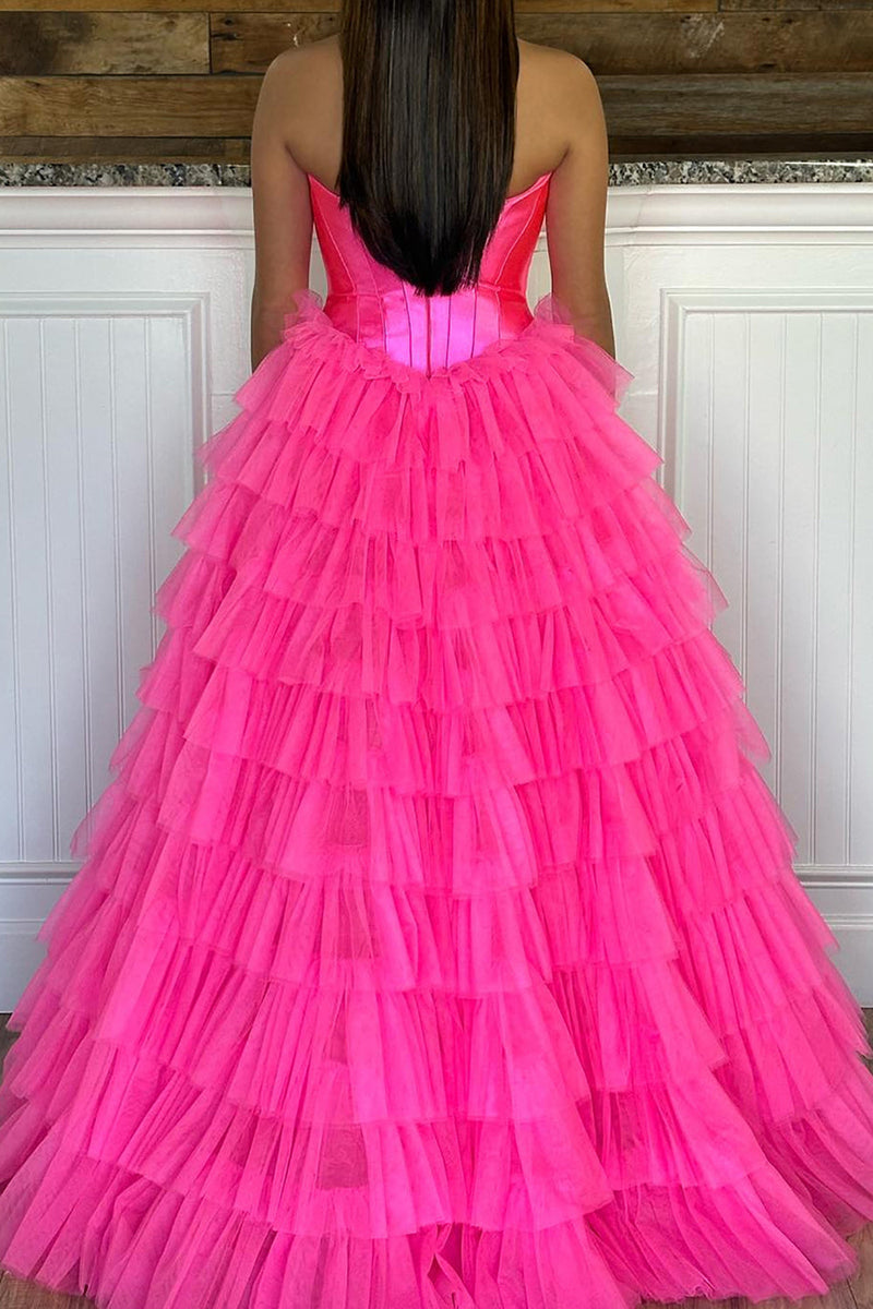 Load image into Gallery viewer, Black Corset Sweetheart A-Line Tiered Long Tulle Formal Dress with Slit