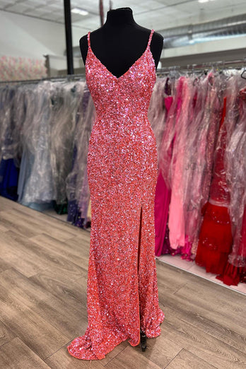 Mermaid V Neck Fuchsia Sequins Long Formal Dress