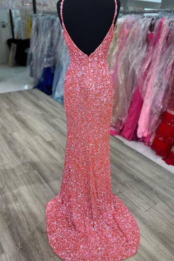 Mermaid V Neck Fuchsia Sequins Long Formal Dress