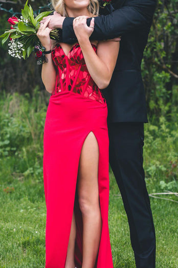 Glitter Red Long Mirror Formal Dress With Slit