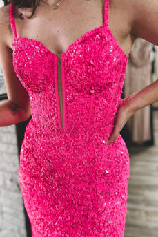 Sparkly Fuchsia Corset Sequins Long Mermaid Formal Dress with Slit