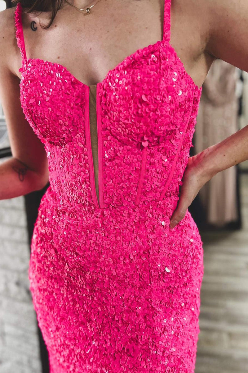 Load image into Gallery viewer, Sparkly Fuchsia Corset Sequins Long Mermaid Formal Dress with Slit