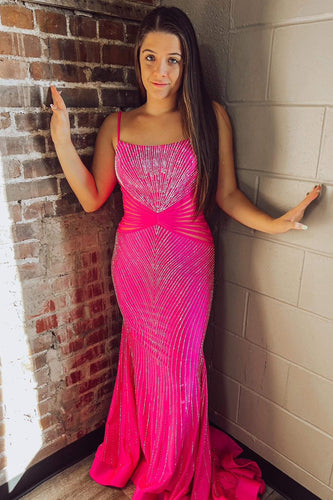 Sparkly Hot Pink Beaded Long Mermaid Backless Formal Dress