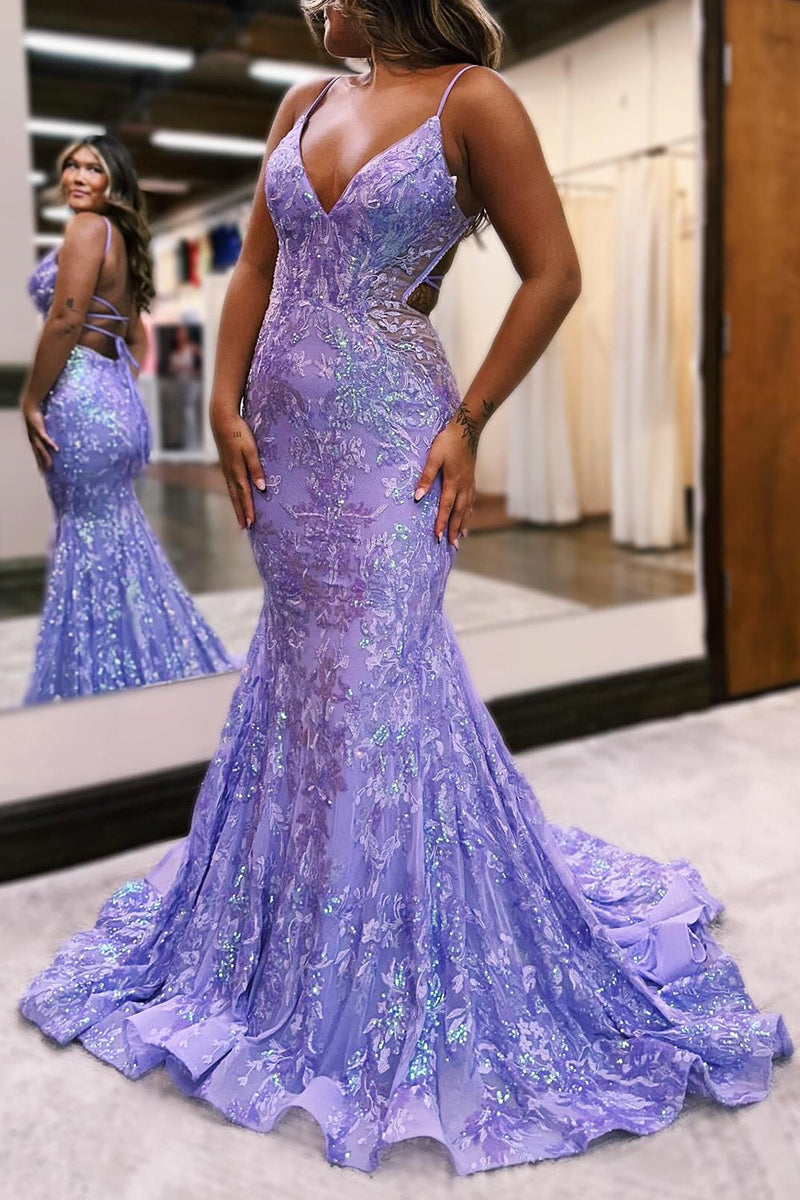 Load image into Gallery viewer, Sparkly Blue Mermaid Sequins Long Backless Formal Dress