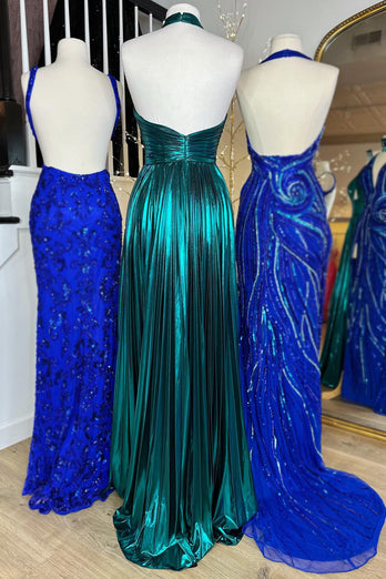 Glitter Turquoise Halter Cut Out Backless Metallic Long Formal Dress with Slit