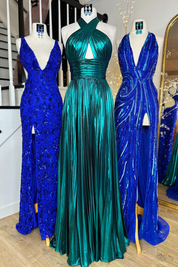 Glitter Turquoise Halter Cut Out Backless Metallic Long Formal Dress with Slit