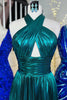 Load image into Gallery viewer, Glitter Turquoise Halter Cut Out Backless Metallic Long Formal Dress with Slit