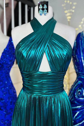 Glitter Turquoise Halter Cut Out Backless Metallic Long Formal Dress with Slit