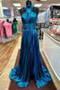 Load image into Gallery viewer, Glitter Turquoise Halter Cut Out Backless Metallic Long Formal Dress with Slit