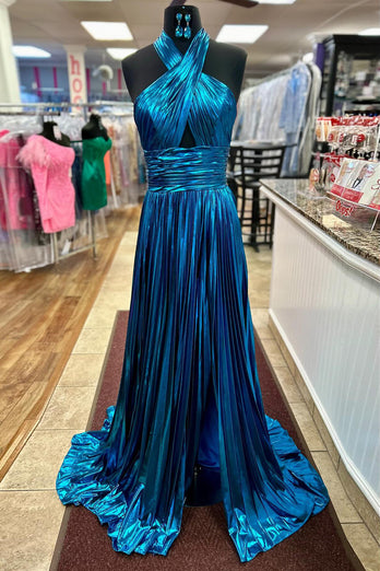 Glitter Turquoise Halter Cut Out Backless Metallic Long Formal Dress with Slit