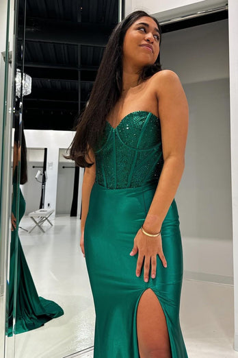 Glitter Dark Green Sweetheart Mermaid Long Formal Dress with Slit