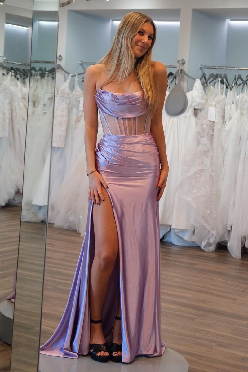 Load image into Gallery viewer, Lilac Strapless Corset Mermaid Satin Long Formal Dress with Slit