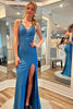 Load image into Gallery viewer, Sparkly Blue Beaded V Neck Mermaid Long Formal Dress with Slit