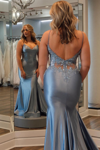 Glitter Grey Blue Grey Blue Appliques Mermaid Long Formal Dress