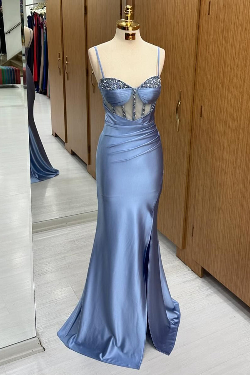 Load image into Gallery viewer, Sparkly Grey Blue Corset Mermaid Long Formal Dress with Slit